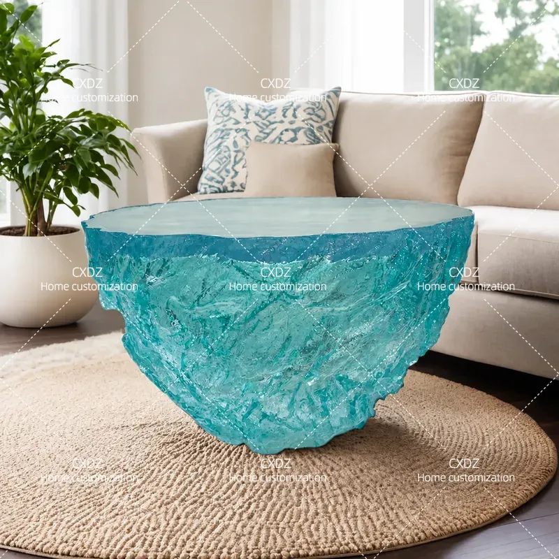 Resin Art Coffee Table - โต๊ะกาแฟทรงกลมเรซินอีพ็อกซี่ใสสุดหรู ดีไซน์ศิลปะสำหรับห้องนั่งเล่น โรงแรม และโฮมสเตย์ เฟอร์นิเจอร์ระดับไฮเอนด์