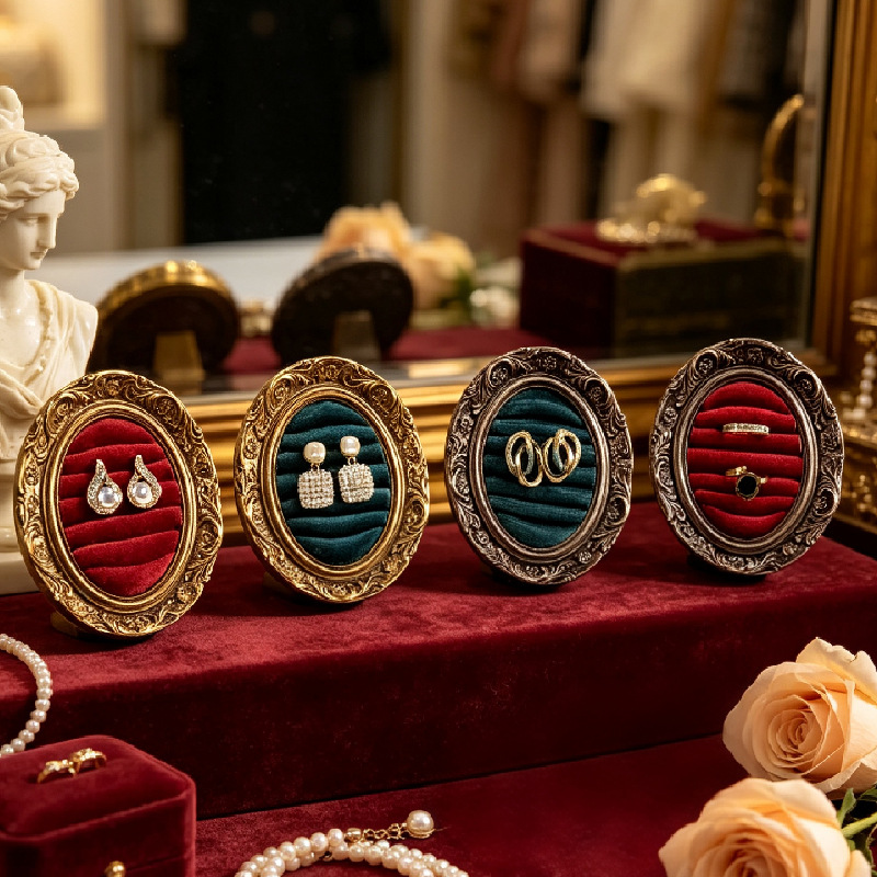 Resin Art Stand - ชั้นวางเครื่องประดับทรงวงรีลายดอกอะคานธัสสไตล์เรโทร ศิลปะคลาสสิกฝรั่งเศส ชั้นวางโชว์แหวนและต่างหู ของตกแต่งโต๊ะเครื่องแป้ง