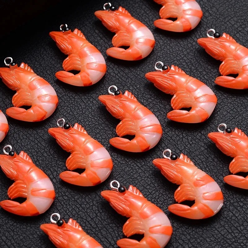Resin Art Calligraphy - จี้รูปกุ้งก้ามกรามและกุ้งจำลอง 3 มิติ 10 ชิ้น, จี้อะคริลิกเรซินรูปอาหารทะเลการ์ตูน