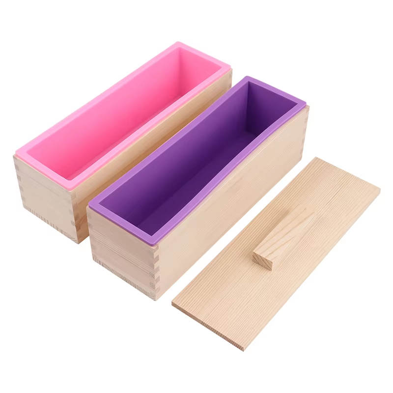Tray Mold Rectangle - แม่พิมพ์สบู่ซิลิโคนทรงสี่เหลี่ยมผืนผ้าขนาด 1200 มล. พร้อมกล่องไม้และฝาปิด สำหรับทำสบู่แฮนด์เมด DIY